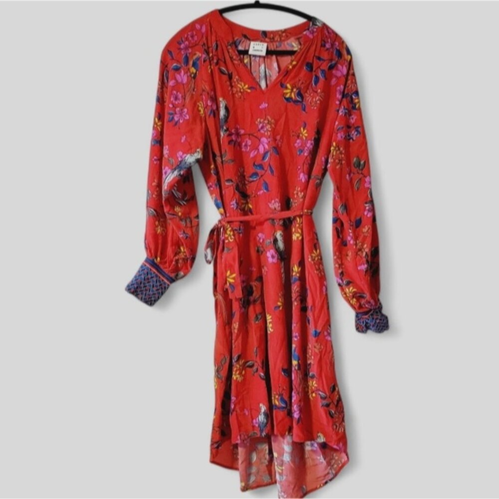 Elegant Floral Long Sleeve Dress - Vibrant Red